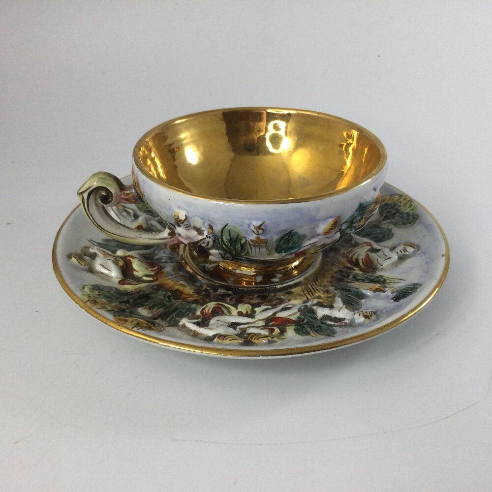 Vintage Keramos Capodimonte Tea Cup Saucer Gold Embossed Romantic Scenes Italy